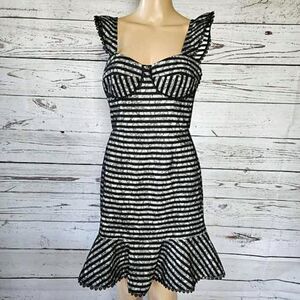 ABS Allen Schwartz Black & White Striped Ruffle Bustier Sheath Dress Small NWT